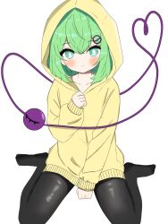 Rule 34 | 1girl, adapted costume, between legs, black pantyhose, blush, bright pupils, clenched hand, closed mouth, collarbone, commentary request, double-parted bangs, eyelashes, green eyes, hair between eyes, hand between legs, hand up, heart, heart of string, highres, hood, hood up, hoodie, komeiji koishi, looking at viewer, no shoes, pantyhose, simple background, sitting, sleeves past wrists, solo, split mouth, third eye, tokihakonbu, touhou, wariza, white background, white pupils, yellow hoodie
