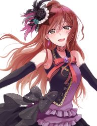 Rule 34 | 1girl, aqua flower, aqua rose, bad id, bad pixiv id, bang dream!, black bow, black eyes, black feathers, black flower, black gloves, black rose, black vest, bow, brooch, brown hair, choker, commentary request, dress, earrings, elbow gloves, feather hair ornament, feathers, flower, frills, gloves, hair flower, hair ornament, half updo, highres, imai lisa, jewelry, lace, lace-trimmed gloves, lace choker, lace trim, long hair, looking at viewer, neck ribbon, purple feathers, red ribbon, ribbon, rose, sakurai tooru, simple background, solo, vest, white background
