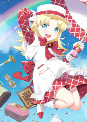 Rule 34 | 1girl, arm behind head, ashita no nadja, blonde hair, blue eyes, blue sky, blush, book, boots, box, brooch, checkered clothes, checkered dress, day, dress, floating, forehead, full body, hat, heart, heart brooch, holding, holding umbrella, jewelry, layered dress, light blush, long sleeves, looking at viewer, medium hair, nadja applefield, open mouth, outdoors, parted bangs, petals, porkpie hat, rainbow, red dress, short dress, sky, solo, suitcase, teeth, umbrella, unya (unya-unya), upper teeth only, white dress, white footwear, white hat, wrist cuffs