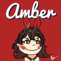 Rule 34 | amber (genshin impact), animal ears, brown eyes, brown hair, candy, food, genshin impact, goggles, mascot, non-web source, peko-chan, rabbit ears