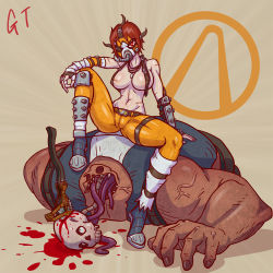 Rule 34 | 1girl, axe, blood, boots, borderlands (series), breasts, brown hair, corpse, death, decapitation, gender request, genderswap, gotwin, guro, krieg, mask, rolling eyes, scar, violence, weapon