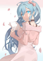 Rule 34 | 1girl, ahoge, alternate costume, aqua eyes, aqua hair, bare shoulders, black choker, bow, bra strap, breasts, choker, commentary request, cowboy shot, earrings, from behind, gradient background, hair bow, hatsune miku, highres, holding, holding paper, jewelry, long hair, long sleeves, looking at viewer, looking back, medium breasts, off-shoulder sweater, off shoulder, paper, parted lips, petals, pink bow, pink skirt, pink sweater, ribbon, sidelocks, skirt, sleeves past wrists, solo, stud earrings, sweater, taka (0taka), twintails, very long hair, vocaloid, white background, white ribbon