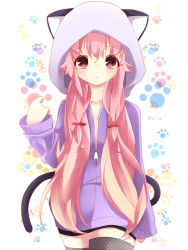 Rule 34 | 1girl, :&lt;, animal ears, animal hat, animal hood, bad id, bad pixiv id, black thighhighs, blush, bow, cat ears, cat girl, cat hat, cat tail, character name, female focus, gasai yuno, hair bow, hakumugi, hat, hood, hoodie, kemonomimi mode, long hair, looking at viewer, low-tied long hair, mirai nikki, open mouth, paw print, pink eyes, pink hair, polka dot, polka dot background, simple background, sleeves past wrists, solo, standing, tail, thighhighs, twintails, zettai ryouiki, zipper