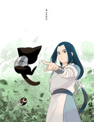 Rule 34 | 2boys, black cat, blue eyes, blue hair, cat, highres, leaf, long hair, long sleeves, luo xiaohei, male focus, matahei, multiple boys, pointing, sleeves past elbows, luo xiaohei zhanji, wuxian (the legend of luoxiaohei)
