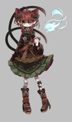 Rule 34 | 1girl, ahoge, animal ears, blunt bangs, boots, bow, braid, cat ears, cat tail, closed mouth, commentary request, extra ears, full body, green eyes, grey background, hair bow, high heel boots, high heels, highres, jewelry, kaenbyou rin, korean commentary, looking at viewer, medium hair, multiple tails, necklace, nekomata, pinkish scarlet, pointy ears, red bow, side braids, simple background, skull necklace, solo, tail, touhou, twin braids, two tails