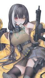 Rule 34 | 1girl, black gloves, black hair, black skirt, breasts, colt 9mm smg, commentary, dmith, english commentary, feet out of frame, girls&#039; frontline, gloves, gun, heterochromia, highres, holding, holding gun, holding weapon, id card, in mouth, jacket, knee pads, lanyard, long hair, looking at viewer, lying, mask, mask around neck, mod3 (girls&#039; frontline), multicolored hair, open clothes, open jacket, pleated skirt, red eyes, ro635 (girls&#039; frontline), ro635 (mod3) (girls&#039; frontline), skirt, solo, streaked hair, submachine gun, weapon, white background, white hair, yellow eyes, yellow jacket