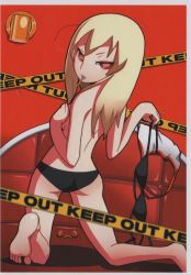 Rule 34 | 1girl, barefoot, bikini, blonde hair, candy, caution tape, freckles, grasshopper manufacture, highres, imaizumi teruhiko, jeane (nmh), keep out, kneeling, lollipop, long hair, looking back, mouth hold, no more heroes, red eyes, scan, soles, solo, swimsuit, topless