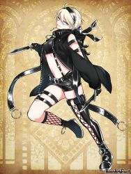 Rule 34 | 1girl, ahoge, arm belt, belt, black footwear, black hairband, black jacket, blonde hair, blue eyes, breasts, copyright name, cross, cross earrings, dual wielding, earrings, fishnet thighhighs, fishnets, glint, hairband, holding, holding knife, jacket, jewelry, knife, leather shorts, looking at viewer, morino bambi, navel, o-ring, open clothes, open jacket, pandora party project, short hair, single thighhigh, sleeveless, small breasts, solo, suspenders, thigh strap, thighhighs