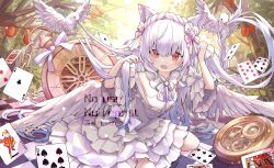 Rule 34 | 1girl, animal ears, bird, blush, cat ears, collar, frilled collar, frills, hair between eyes, hair ornament, henzer, highres, open mouth, original, outdoors, pigeon, red eyes, ribbon, sitting, wariza, white hair, wings