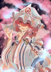 Rule 34 | 1girl, absurdres, arm garter, black ribbon, blue bow, blue hat, blue kimono, blush, bow, cherry blossoms, commentary, falling petals, fingernails, frilled shirt collar, frills, ghost, hands up, hat, highres, japanese clothes, kimono, long sleeves, looking at viewer, luan ib, mob cap, neck ribbon, parted lips, petals, pink eyes, pink hair, ribbon, ribbon trim, saigyouji yuyuko, short hair, smile, solo, touhou, triangular headpiece, upper body, veil, wide sleeves