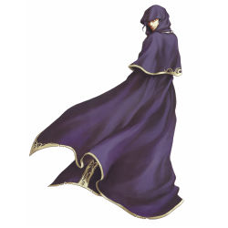 Rule 34 | 1boy, cloak, ephidel (fire emblem), fire emblem, fire emblem: the blazing blade, from behind, highres, looking at viewer, male focus, nintendo, official art, purple hair, solo, wada sachiko, white background, yellow eyes