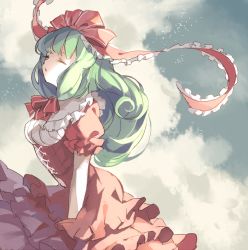Rule 34 | 1girl, alternate hairstyle, bow, closed eyes, cloud, cloudy sky, corset, cross-laced clothes, dress, frills, green hair, hair bow, hair down, hair ribbon, kagiyama hina, long hair, neck ribbon, open mouth, puffy short sleeves, puffy sleeves, red bow, red ribbon, reeh (yukuri130), ribbon, scy, short sleeves, skirt, skirt tug, sky, solo, touhou