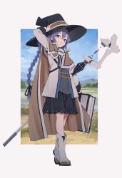 Rule 34 | 1girl, black hat, black ribbon, black skirt, blue eyes, boots, braid, brown cape, cape, closed mouth, commentary request, female focus, full body, grey shirt, hair between eyes, hair ribbon, hand on headwear, hat, highres, holding, holding staff, jacket, long braid, long hair, long sleeves, looking at viewer, mushoku tensei, outside border, purple hair, ribbon, roxy migurdia, shirt, skirt, smile, solo, staff, standing, urayamashiro (artist), white footwear, white jacket, witch hat