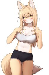 Rule 34 | 1girl, animal ears, black shorts, blonde hair, blush, breasts, closed mouth, crop top, fox ears, fox tail, furry, furry female, highres, jeifier (korfiorano01), large breasts, long hair, midriff, original, shorts, solo, stomach, tail, tears, white background, yellow eyes, yellow tail