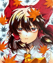 Rule 34 | 1girl, absurdres, ascot, autumn leaves, bow, brown hair, commentary, expressionless, frilled bow, frilled hair tubes, frilled shirt collar, frills, hair bow, hair tubes, hakurei reimu, highres, leaf, leaf on head, lips, looking at viewer, marker (medium), medium hair, portrait, red bow, red eyes, shirt, sleeveless, sleeveless shirt, solo, touhou, traditional media, uchisaki himari, white shirt, yellow ascot