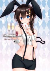 Rule 34 | 1girl, ace (playing card), ace of hearts, ahoge, animal ears, argyle, argyle background, argyle clothes, bad id, bad twitter id, black shorts, blue eyes, blush, braid, brown hair, card, champagne flute, collar, crop top, cup, drinking glass, hair between eyes, hair flaps, hair ornament, hair over shoulder, hair ribbon, head tilt, heart, holding, holding card, holding tray, hoshino kagari, kantai collection, long hair, looking at viewer, navel, off shoulder, playing card, rabbit ears, ribbon, shigure (kancolle), shigure kai ni (kancolle), short shorts, shorts, single braid, smile, solo, standing, stomach, suspenders, thighs, tray, wrist cuffs
