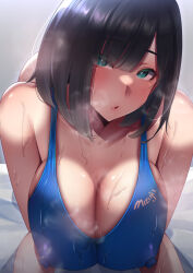 Rule 34 | 1girl, andou you, black hair, blue one-piece swimsuit, breasts, breasts squeezed together, bright pupils, cleavage, competition swimsuit, covered erect nipples, green eyes, hexagon print, large breasts, one-piece swimsuit, open mouth, original, short hair, solo, steaming body, swimsuit, teacher, wet, wet clothes, wet swimsuit, white pupils