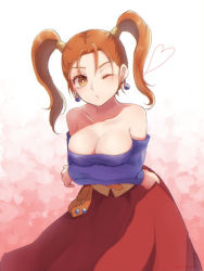 Rule 34 | 1girl, abi mmo, bare shoulders, breasts, brown eyes, brown hair, cleavage, dragon quest, dragon quest viii, dress, earrings, highres, jessica albert, jewelry, large breasts, long hair, looking at viewer, purple shirt, shirt, solo, square enix, twintails