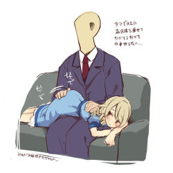 Rule 34 | 1boy, 1girl, ass rubbing, bad id, bad pixiv id, blonde hair, blush, couch, drill hair, formal, headpat, idolmaster, idolmaster cinderella girls, lying on lap, morikubo nono, necktie, p-head producer, producer (idolmaster), sitting, suit, translated, uccow, wavy mouth, white background