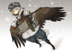 Rule 34 | 1girl, asterisk kome, dagger, dutch angle, feathered wings, feathers, female focus, goggles, goggles on head, gun, hat, highres, jacket, knife, monster girl, original, sheath, sheathed, signature, silver hair, snow, snowing, solo, submachine gun, suomi kp/-31, weapon, wings, winter clothes
