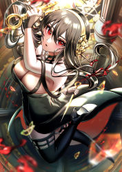 Rule 34 | 1girl, absurdres, bare shoulders, black dress, black gloves, black hair, black thighhighs, blood, breasts, cleavage, dagger, dress, fingerless gloves, gloves, gold hairband, hair ornament, hairband, highres, knife, large breasts, long hair, looking at viewer, nepodayo, open mouth, red eyes, sidelocks, solo, spy x family, thighhighs, thighs, weapon, yor briar