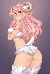 Rule 34 | 1girl, animal ears, ass, bare arms, blue eyes, blush, breasts, commentary, curled horns, english commentary, fur, highres, horizontal pupils, horns, iwbitu, large breasts, long hair, looking at viewer, nose blush, original, pink hair, sheep ears, sheep girl, sheep horns, sheep tail, simple background, solo, tail, triangle mouth, v-shaped eyebrows, wavy hair, white fur