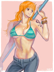 Rule 34 | 1girl, arisue kanako, bangle, bikini, bikini top only, bracelet, breasts, brown eyes, cleavage, denim, earrings, female focus, jeans, jewelry, large breasts, log pose, long hair, nami (one piece), navel, one piece, orange hair, over shoulder, pants, pink background, sabaody archipelago, smile, solo, staff, swimsuit, tattoo, underboob, weapon, weapon over shoulder
