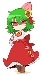 Rule 34 | 1girl, ascot, boots, brown footwear, commentary, flower, full body, green hair, hair flower, hair ornament, highres, holding, holding umbrella, kazami yuuka, long sleeves, looking at viewer, op na yarou, orange ascot, red eyes, red skirt, simple background, skirt, smile, solo, standing, sunflower, sunflower hair ornament, symbol-only commentary, touhou, tsurime, umbrella, vest, white background