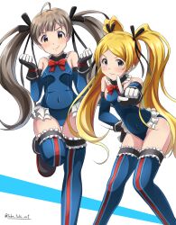 Rule 34 | 2girls, absurdres, ahoge, black gloves, black ribbon, blonde hair, blue leotard, blue sleeves, blue thighhighs, blush, bow, bowtie, breasts, brown eyes, brown hair, clenched hands, closed mouth, cosplay, covered navel, dead or alive, dead or alive 5, detached sleeves, dot nose, emily stewart, gloves, hair bow, hair ribbon, hakozaki serika, hand on own hip, hands up, highres, idolmaster, idolmaster million live!, idolmaster million live! theater days, index finger raised, leaning forward, leg up, leotard, long hair, looking at viewer, marie rose, marie rose (cosplay), multiple girls, purple eyes, red bow, red bowtie, ribbon, simple background, small breasts, smile, standing, standing on one leg, takatsuki p, thighhighs, twintails, twitter username, v-shaped eyebrows, very long hair, white background