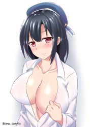 Rule 34 | 10s, 1girl, alternate costume, alternate hair length, alternate hairstyle, areola slip, beret, black hair, blush, breasts, cleavage, collarbone, covered erect nipples, female focus, gradient background, hat, kantai collection, large breasts, long hair, looking at viewer, midriff, no bra, red eyes, sama samasa, shirt, smile, solo, takao (kancolle), twitter username, undressing, upper body, white background, white shirt