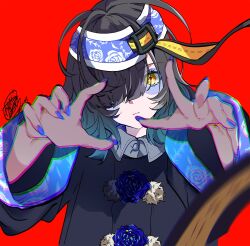 Rule 34 | 1girl, akabuchi megane, bags under eyes, black hair, black jacket, blue flower, blue hair, blue hairband, blue nails, blue rose, closed mouth, commentary, floral print, flower, gradient hair, hair over one eye, hairband, hands up, highres, indie virtual youtuber, jacket, jiangshi, long sleeves, looking at viewer, multicolored hair, nail polish, one eye covered, reaching, reaching towards viewer, red background, rose, short hair, signature, simple background, solo, symbol-only commentary, upper body, virtual youtuber, yellow eyes, yosumi (vtuber)