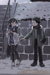 Rule 34 | 1boy, 1girl, black hair, black pants, blush, breath, cellphone, footprints, fur-trimmed jacket, fur trim, gift, hand in pocket, highres, holding, holding gift, holding phone, hood, hood down, hoodie, jacket, jitome, necktie, open mouth, original, pants, phone, scarf, shoes, siroooo, smartphone, snow, stairs, standing, sweatdrop, valentine, winter clothes