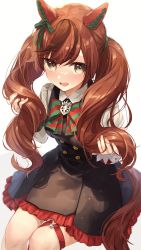 Rule 34 | 1girl, animal ears, black dress, blush, bow, bowtie, brown hair, collared shirt, dress, highres, horse ears, horse girl, horse tail, long hair, long sleeves, multicolored hair, nice nature (umamusume), open mouth, ouri (aya pine), red hair, shirt, simple background, solo, streaked hair, striped bow, striped bowtie, striped clothes, striped neckwear, tail, twintails, umamusume, white background, white shirt, yellow eyes