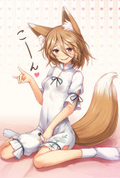 Rule 34 | 1girl, animal ear fluff, animal ears, breasts, brown eyes, brown hair, chima q, commentary request, corked bottle, covered navel, fox ears, fox girl, fox shadow puppet, fox tail, hair between eyes, heart, highres, holding, holding test tube, jumpsuit, kudamaki tsukasa, looking at viewer, no shoes, onesie, parted lips, puffy short sleeves, puffy sleeves, short hair, short sleeves, simple background, sitting, small breasts, smile, socks, solo, tail, test tube, touhou, wariza, white jumpsuit, white socks