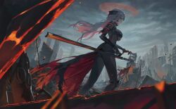 Rule 34 | 1girl, bodysuit, breasts, closed mouth, energy sword, gloves, goddess of victory: nikke, grey hair, holding, holding sword, holding weapon, large breasts, lightsaber, long hair, looking at viewer, red lightsaber, scarlet (black shadow) (nikke), scarlet (nikke), solo, sword, two-tone cape, very long hair, weapon, xi xeong