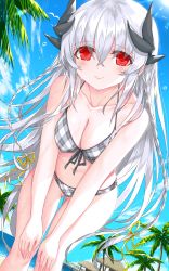 Rule 34 | 1girl, alternate costume, beach, bikini, blue sky, braid, breasts, building, cleavage, day, dragon girl, dragon horns, fate/grand order, fate (series), front-tie bikini top, front-tie top, grey hair, highres, horns, kiyohime (fate), kiyohime (third ascension) (fate), leaning forward, long hair, looking at viewer, medium breasts, morizono shiki, multiple horns, navel, outdoors, plaid, plaid bikini, red eyes, sky, smile, solo, swimsuit, twin braids, white hair