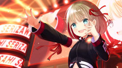 Rule 34 | 1girl, black shirt, black sleeves, blonde hair, commentary request, detached sleeves, green eyes, hair between eyes, hair ribbon, idolmaster, idolmaster shiny colors, medium hair, nail polish, open mouth, outstretched arm, red nails, ribbon, rusha (r style), screen, serizawa asahi, shirt, solo, sparkle, stage, stage lights