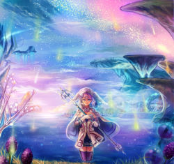 Rule 34 | 1girl, blue eyes, cape, cloud, elbow gloves, floating island, flower, gloves, hat, head wings, highres, looking at viewer, melia antiqua, nadir, night, night sky, nintendo, partially submerged, scenery, shooting star, silver hair, skirt, sky, smile, solo, staff, standing, star (sky), thighhighs, wading, water, wings, xenoblade chronicles (series), xenoblade chronicles 1