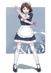 Rule 34 | 1girl, apron, black footwear, blue dress, brown hair, buttons, crossed arms, dress, frilled apron, frills, full body, hands up, highres, inamitsu shinji, looking at viewer, maid headdress, open mouth, original, purple eyes, shadow, short hair, short sleeves, sleeve cuffs, solo, standing, tareme, teeth, thighhighs, waist apron, white apron, white thighhighs, zettai ryouiki