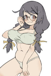 1girl black_hair blush bra braid breasts brown_eyes glasses hair_ornament hairclip hanekawa_tsubasa large_breasts monogatari_(series) navel panties pantsu-ripper tummy_bulge twin_braids underwear