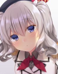 Rule 34 | 10s, 1girl, bad id, bad pixiv id, beret, blue eyes, blurry, depth of field, epaulettes, hair between eyes, hat, highres, kantai collection, kashima (kancolle), kerchief, lips, looking at viewer, military, military uniform, navy (navy.blue), parted lips, sidelocks, silver hair, solo, tsurime, twintails, uniform, wavy hair