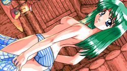 Rule 34 | 1girl, 4bpp, ass, breasts, game cg, green hair, hairband, hat, indoors, looking at viewer, looking back, nipples, nitou misaki, only you, panties, pc98, retro artstyle, solo, underwear