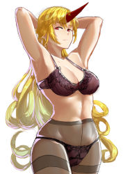 Rule 34 | 1girl, absurdres, armpits, arms behind head, arms up, black bra, black panties, black pantyhose, blonde hair, bra, breasts, c.rabbit, cleavage, closed mouth, collarbone, cowboy shot, curly hair, expressionless, highres, hip focus, horns, hoshiguma yuugi, long hair, looking at viewer, medium breasts, navel, oni, panties, panties under pantyhose, pantyhose, red eyes, see-through, sidelocks, simple background, single horn, sketch, skindentation, solo, stomach, touhou, underwear, upper body, very long hair, white background