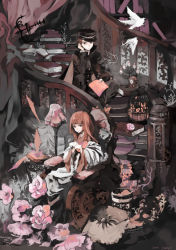 Rule 34 | bird, birdcage, book, cage, candle, flower, hat, indoors, japanese clothes, lamp, long hair, messy, nature, original, pillow, red hair, shako cap, stairs, uniform, wheelchair, yorimo