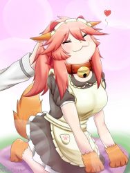 Rule 34 | animal ear fluff, animal ears, animal hands, apron, bell, breasts, cat hair ornament, cat paws, closed eyes, collar, fangs, fate/grand order, fate (series), fox ears, fox girl, fox tail, gloves, hair ornament, hair ribbon, headpat, heart, jingle bell, keita naruzawa, large breasts, long hair, neck bell, paw gloves, paw shoes, pink hair, ponytail, red ribbon, ribbon, shoes, sitting, tail, tamamo (fate), tamamo cat (fate)