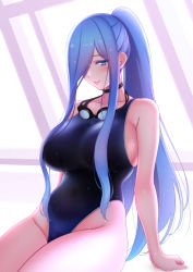 Rule 34 | 1girl, black one-piece swimsuit, blue eyes, blue hair, breasts, choker, collarbone, competition swimsuit, goggles, unworn goggles, highleg, highleg swimsuit, indoors, large breasts, lintanghaseo, lips, long hair, one-piece swimsuit, original, ponytail, sitting, solo, swimsuit