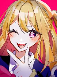 Rule 34 | 1girl, blonde hair, blue jacket, blush, bow, bowtie, collared shirt, commentary, fangs, highres, hoshino ruby, jacket, long hair, long sleeves, one eye closed, one side up, open mouth, oshi no ko, pink background, pink bow, pink bowtie, pink eyes, san (sanmi0613), school uniform, shirt, sidelocks, simple background, solo, sparkle, star-shaped pupils, star (symbol), swept bangs, symbol-shaped pupils, teeth, upper body, upper teeth only, v, v over mouth, white shirt, youtou high school uniform