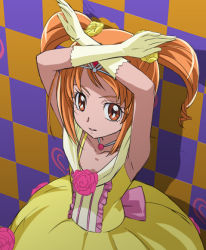 Rule 34 | 10s, 1girl, armpits, arms up, bare shoulders, dress, eyelashes, flower, from above, gloves, hair ornament, halloween, haruyama kazunori, heart, jewelry, official style, orange eyes, orange hair, pendant, pink rose, precure, ribbon, rose, shirabe ako, sleeveless, suite precure, tiara, twintails, yellow dress, yellow gloves, yellow rose