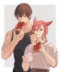 Rule 34 | 2boys, :t, adventurer (ff14), animal ears, bare arms, bare shoulders, black tank top, blue eyes, border, braid, braided ponytail, bread slice, breakfast, brown hair, bwith00, cat ears, collarbone, commentary request, cup, eating, english text, eye contact, facial hair, facial mark, final fantasy, final fantasy xiv, food, food in mouth, food on face, g&#039;raha tia, good morning, grey background, grey shirt, hair between eyes, hair ornament, hands up, height difference, highres, holding, holding cup, holding food, hyur, jam, korean commentary, looking at another, low ponytail, male focus, miqo&#039;te, mouth hold, mug, multiple boys, outside border, red eyes, red hair, scar, scar on arm, shirt, short hair, simple background, single braid, slit pupils, standing, stubble, swept bangs, tank top, toast, toast in mouth, toned, toned male, upper body, warrior of light (ff14), white border, x hair ornament