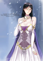 Rule 34 | 1girl, absurdres, artist name, black hair, blurry, braid, breasts, bridal gauntlets, character name, choker, closed mouth, covered navel, depth of field, dress, earrings, english text, glasses, hair between eyes, hand on own chest, head tilt, highres, jewelry, large breasts, long hair, lucrecia ishterasha, original, rimless eyewear, smile, solo, swordwaltz, tiara, white dress, yellow eyes